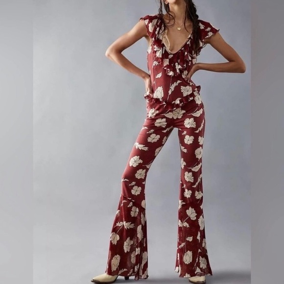 Free People Pants - Free People Austin Floral Bell Bottom Ruffled Hem Jumpsuit Women’s Size Medium